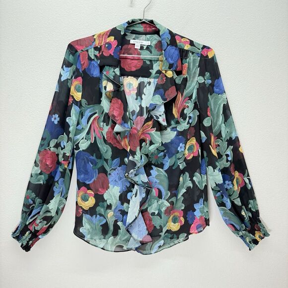 Chico’s Sheer Floral Ruffle Blouse Womens Size 8 Beaded Trim Tropical Office - Picture 1 of 10